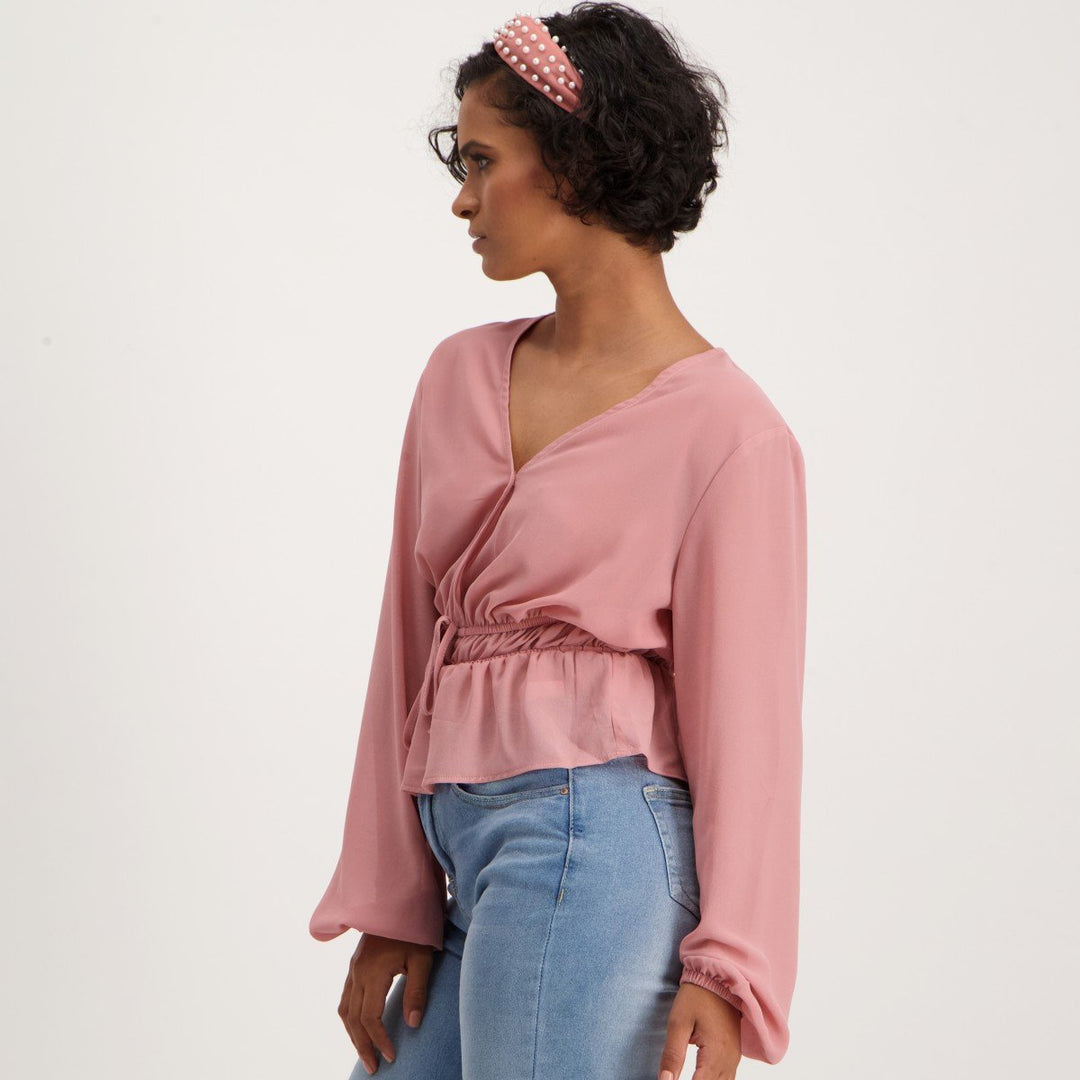 Ladies Long Sleeve Rouched Blouse - Pink