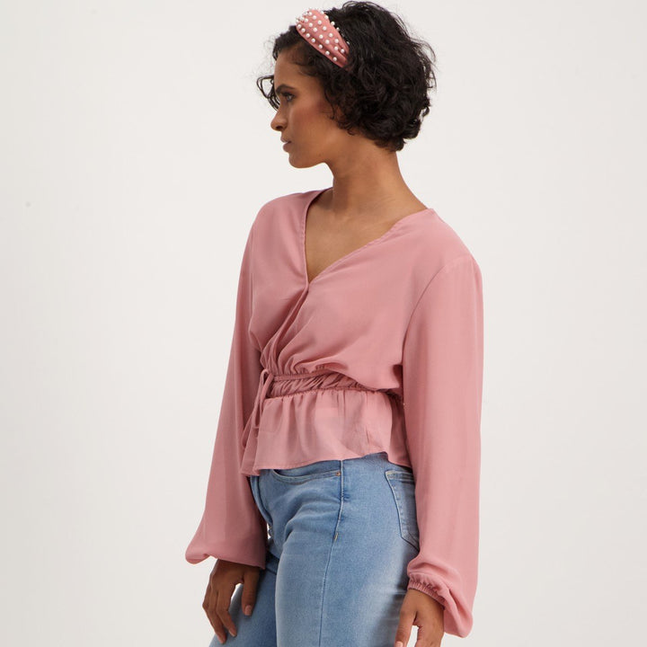 Ladies Long Sleeve Rouched Blouse - Pink