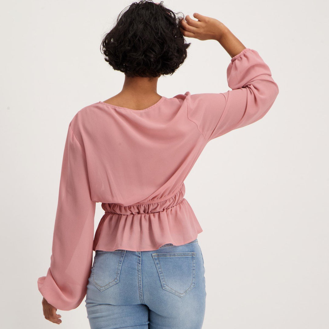 Ladies Long Sleeve Rouched Blouse - Pink