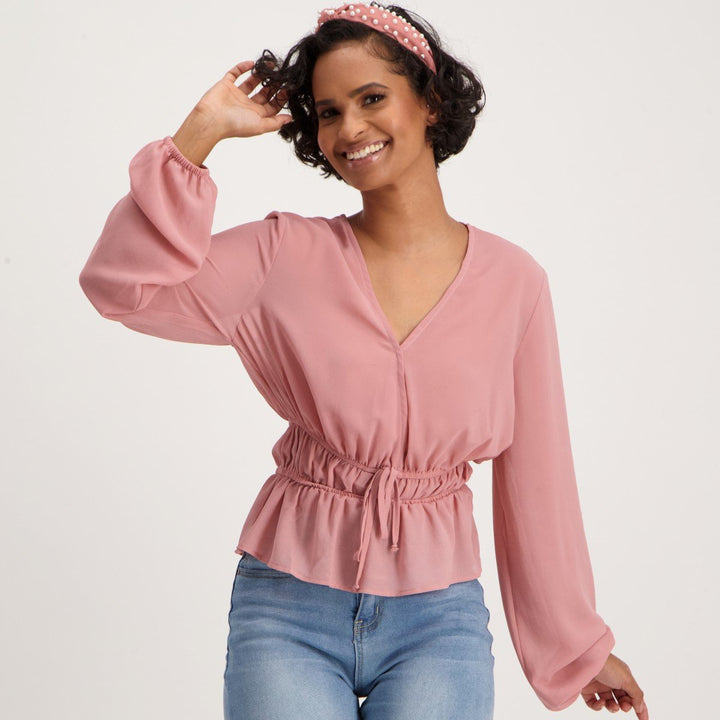 Ladies Long Sleeve Rouched Blouse - Pink