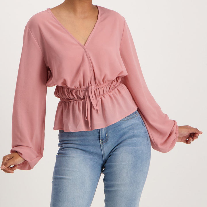 Ladies Long Sleeve Rouched Blouse - Pink