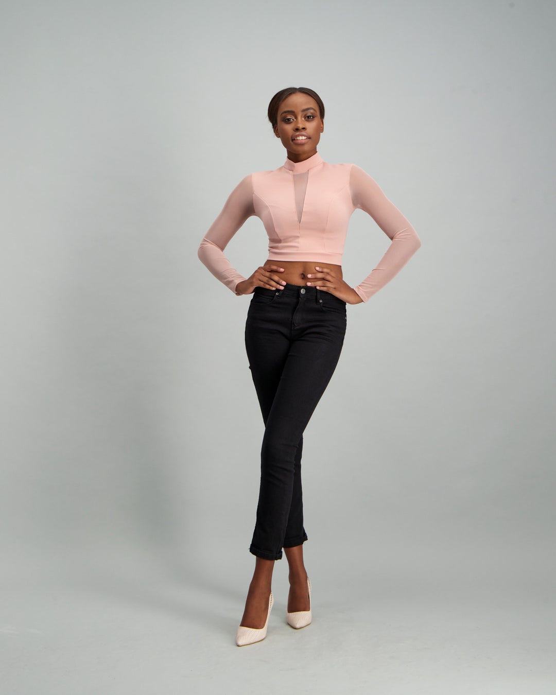 Ladies Long Sleeve Turtle Neck Mesh Inset Top - Blush