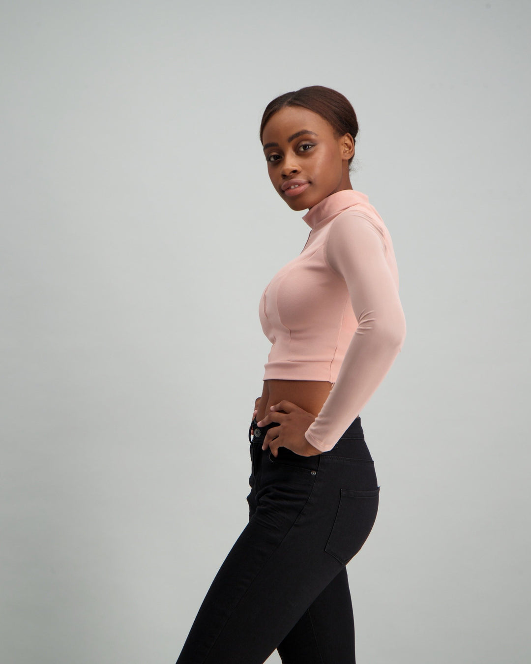 Ladies Long Sleeve Turtle Neck Mesh Inset Top - Blush