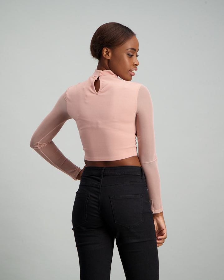 Ladies Long Sleeve Turtle Neck Mesh Inset Top - Blush