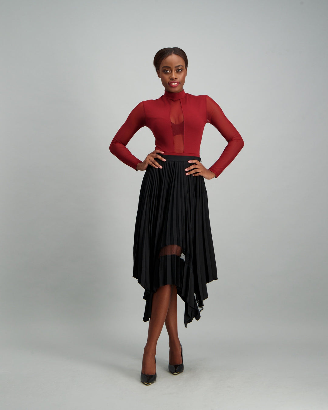 Ladies Turtle Neck Mesh Bodysuit - Burgundy