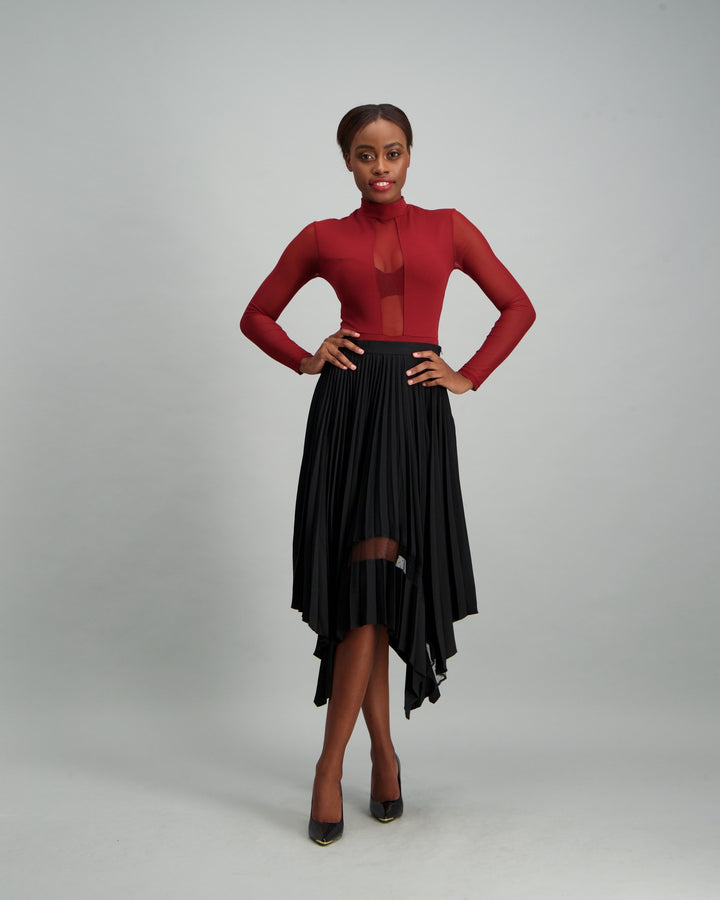 Ladies Turtle Neck Mesh Bodysuit - Burgundy