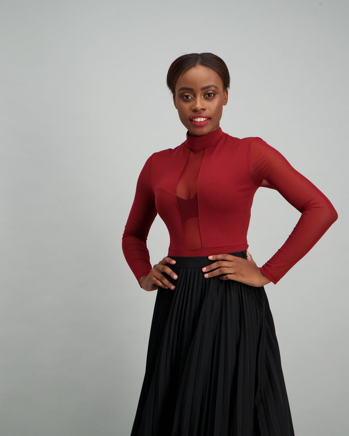 Ladies Turtle Neck Mesh Bodysuit - Burgundy