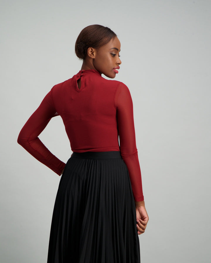 Ladies Turtle Neck Mesh Bodysuit - Burgundy