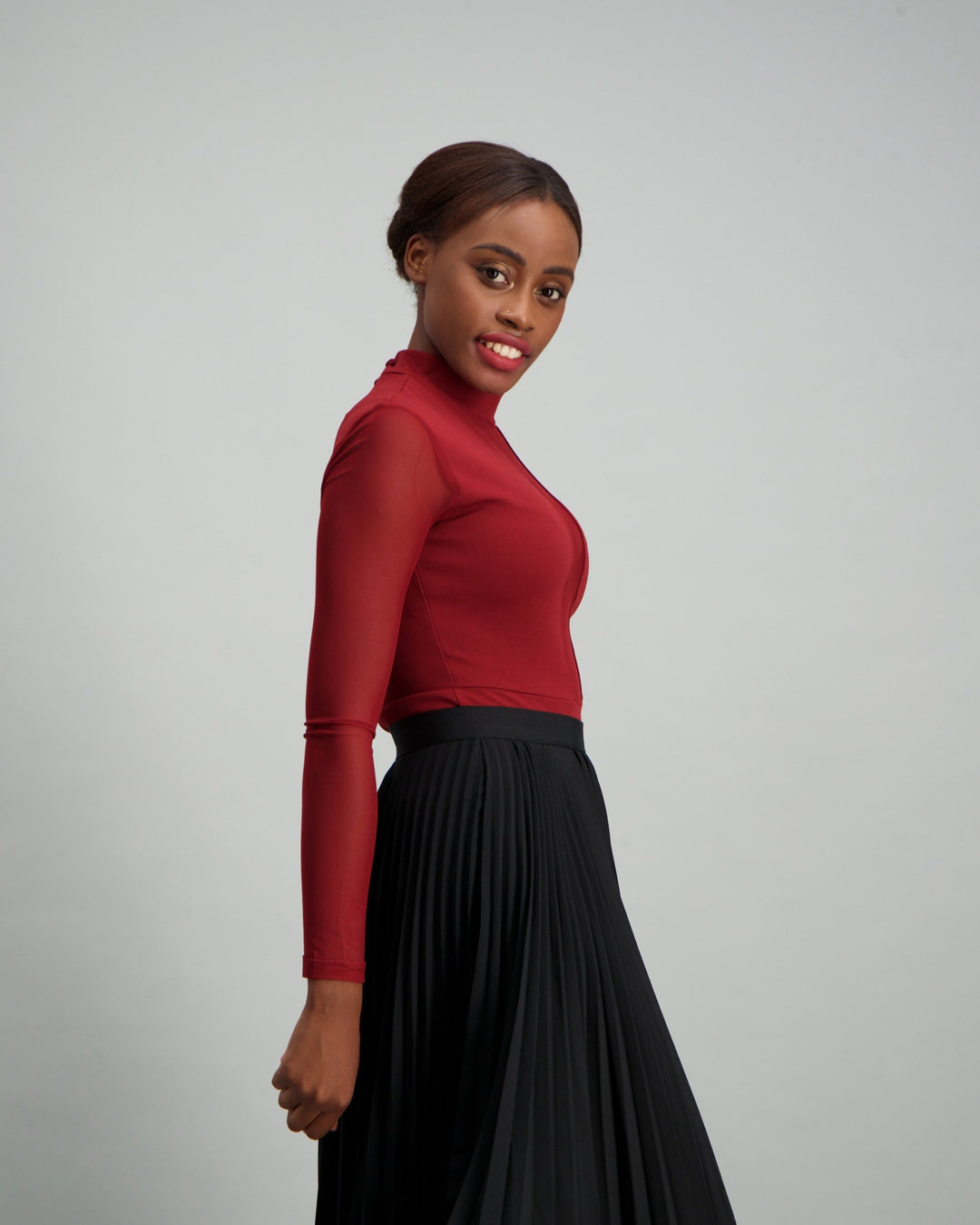 Ladies Turtle Neck Mesh Bodysuit - Burgundy