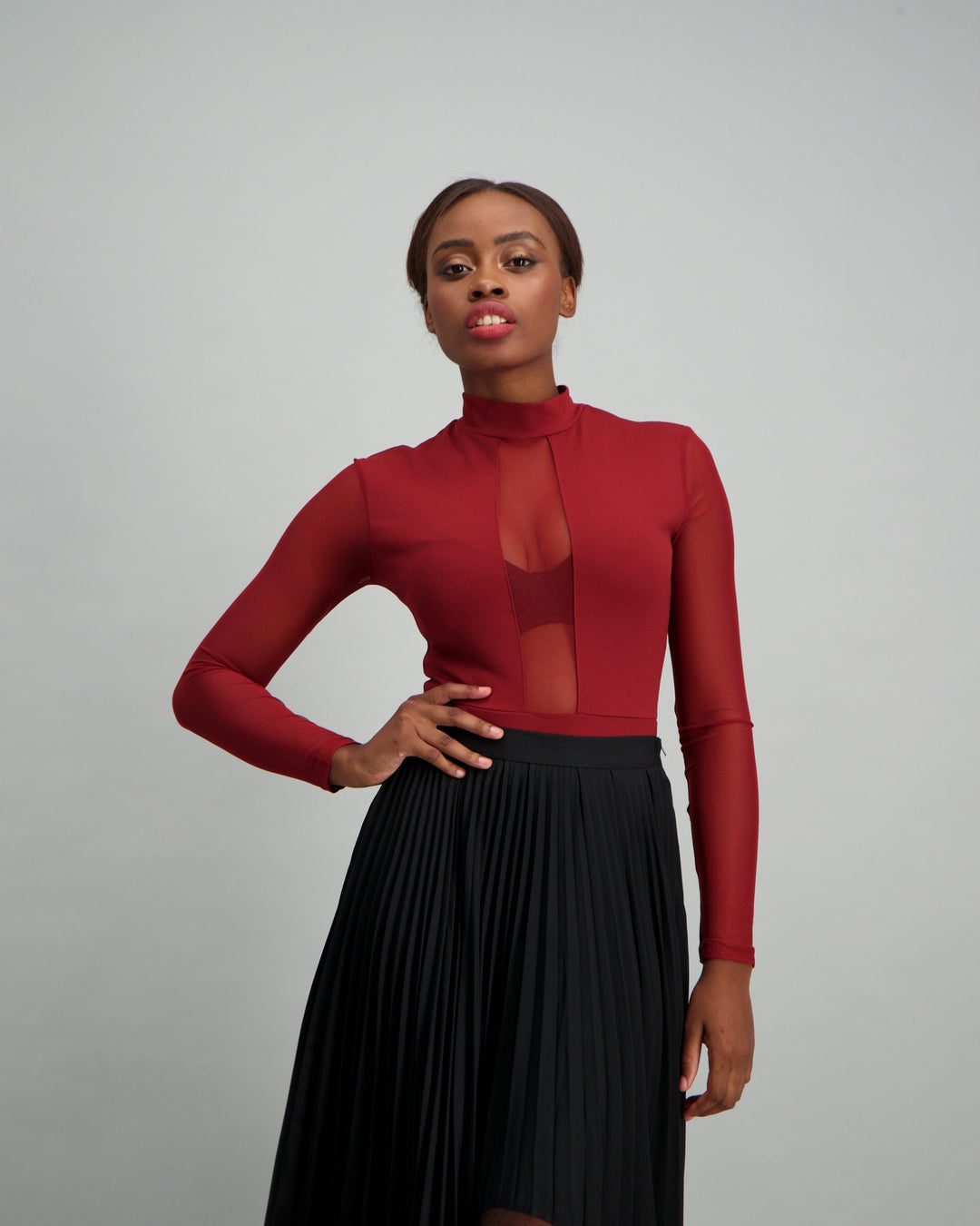 Ladies Turtle Neck Mesh Bodysuit - Burgundy