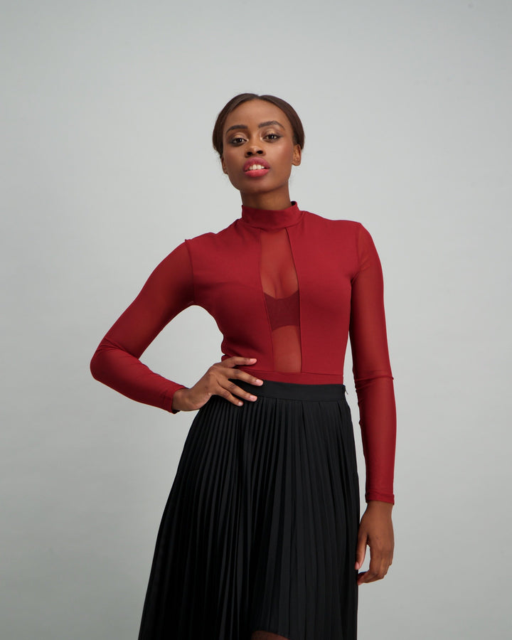 Ladies Turtle Neck Mesh Bodysuit - Burgundy