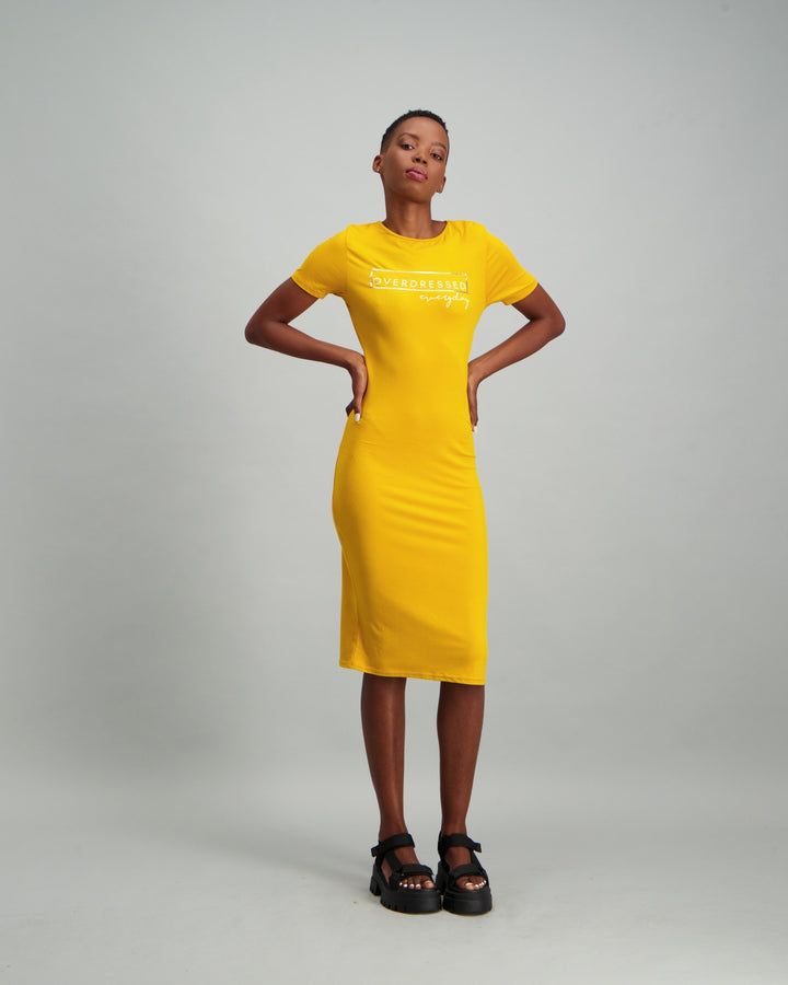 Ladies Tube Slogan Dress - Mustard