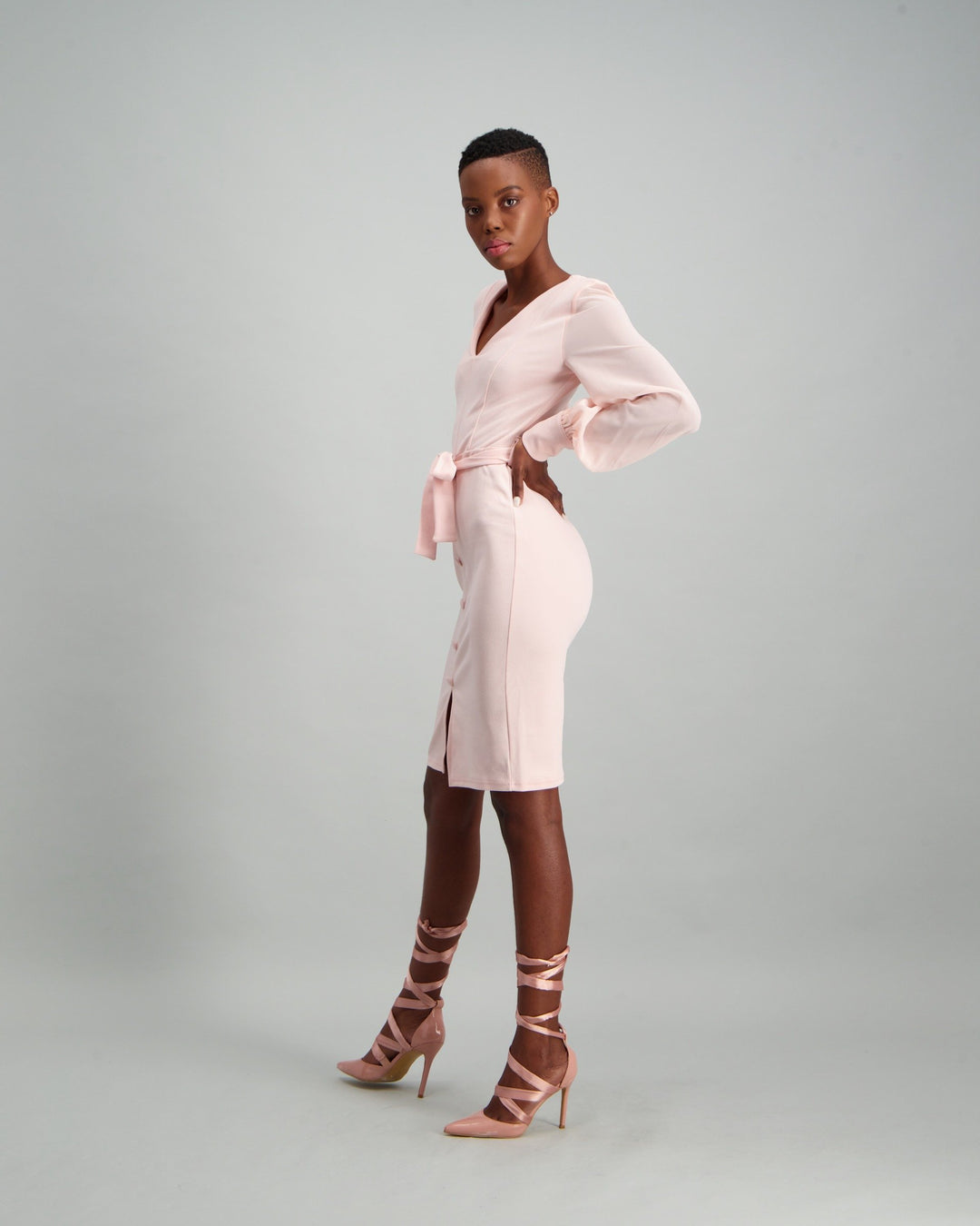 Ladies Chiffon Long Sleeve Tuxedo Dress - Blush