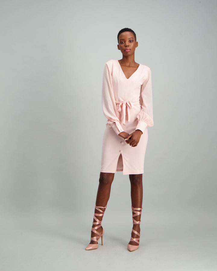 Ladies Chiffon Long Sleeve Tuxedo Dress - Blush