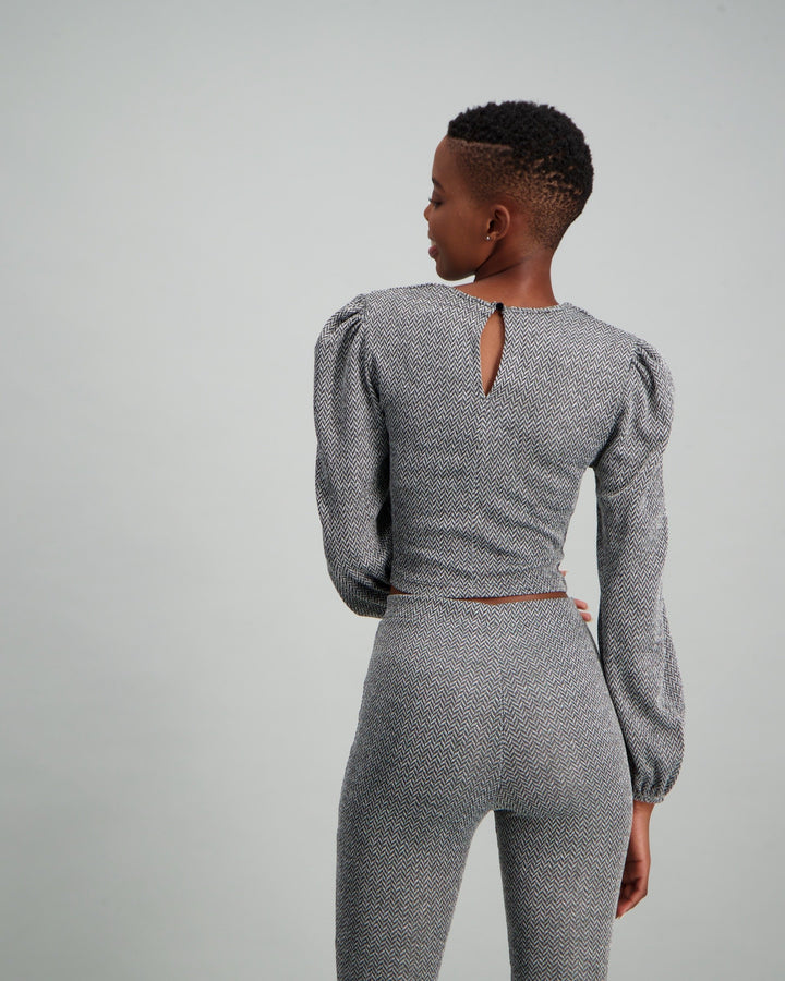 Ladies Longer Length Blouson Sleeve Top - Grey