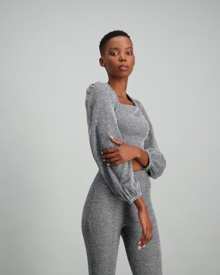 Ladies Longer Length Blouson Sleeve Top - Grey