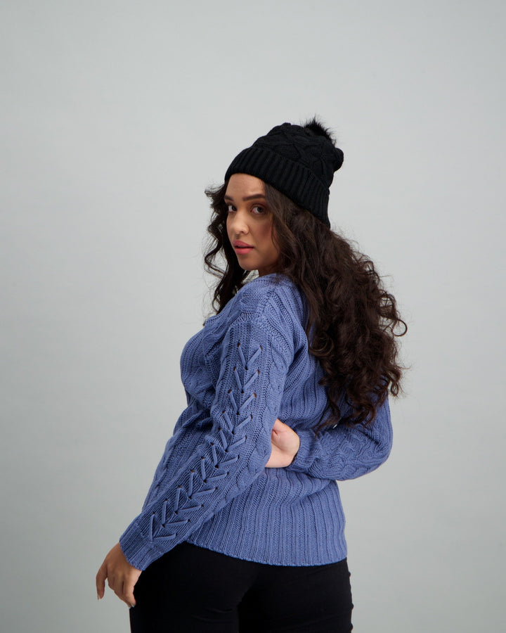Ladies Mid Blue Hi-Lo Chunky Pullover