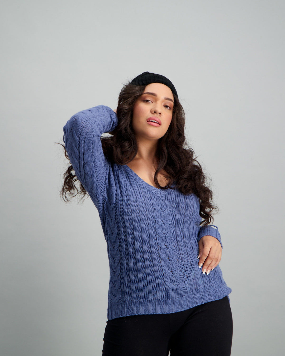 Ladies Mid Blue Hi-Lo Chunky Pullover