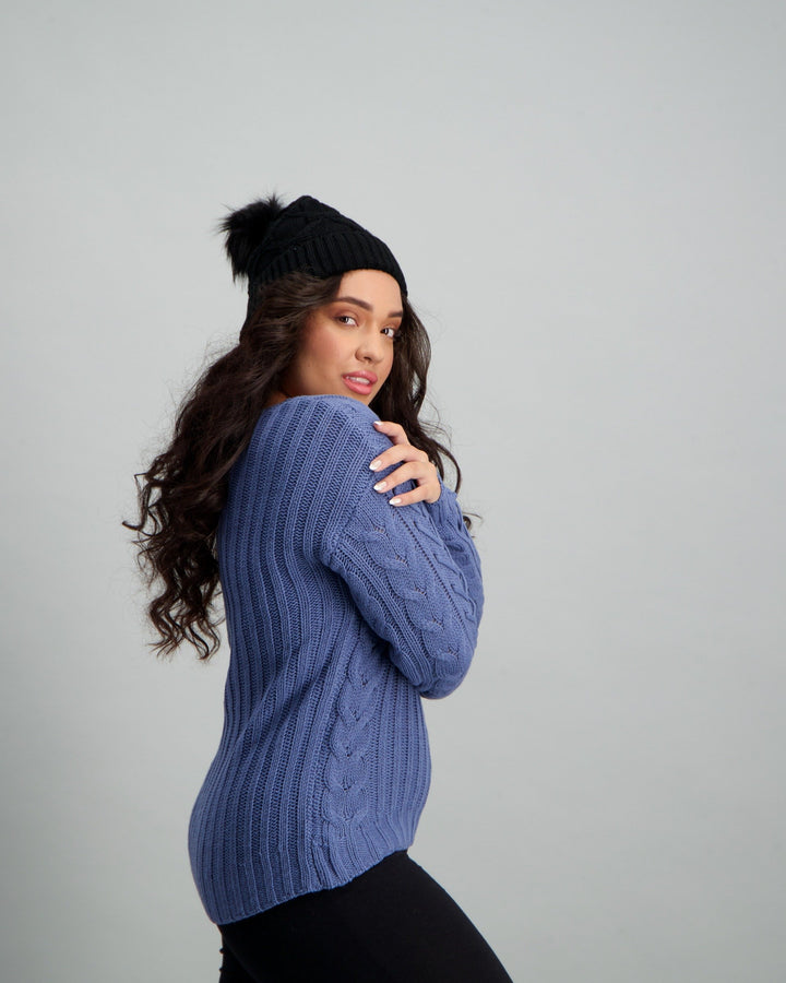 Ladies Mid Blue Hi-Lo Chunky Pullover