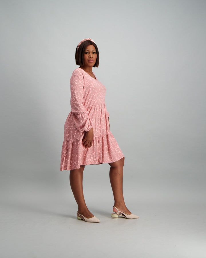 Ladies Polka Dot 2-Tier Baby Doll Dress - Dusty Pink