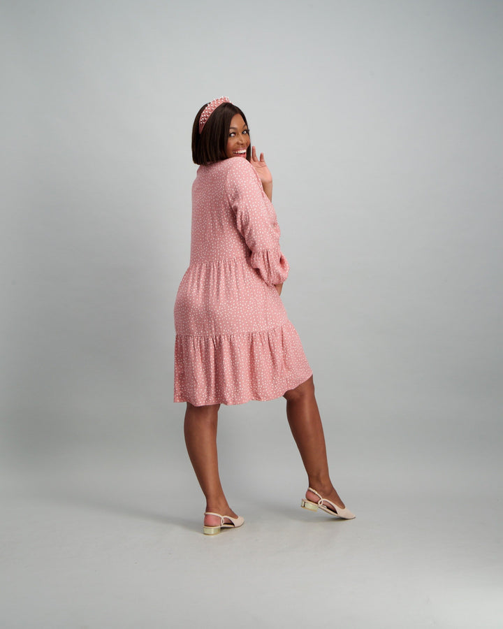 Ladies Polka Dot 2-Tier Baby Doll Dress - Dusty Pink