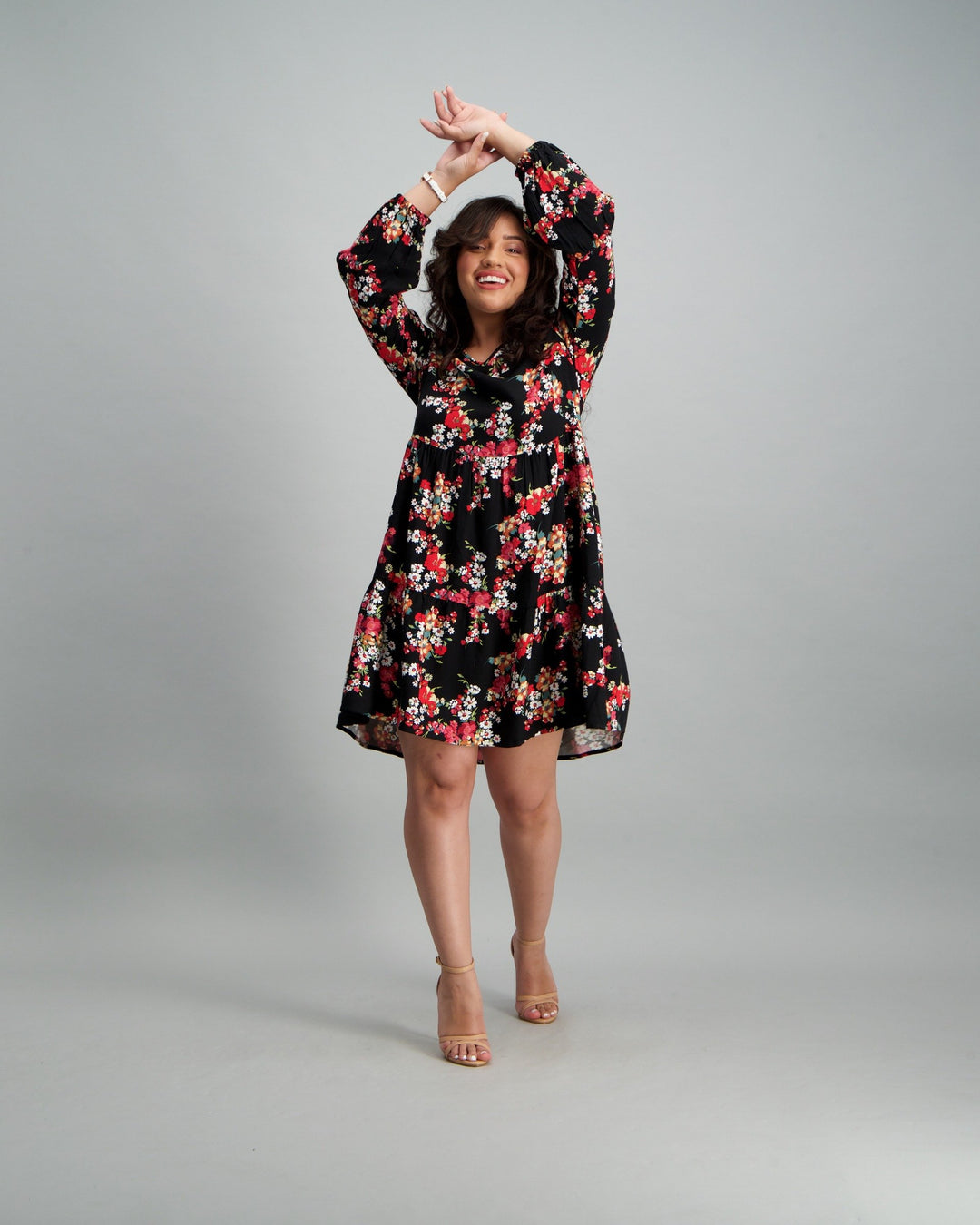 Ladies 2-Tier Floral Baby Doll Dress - Black