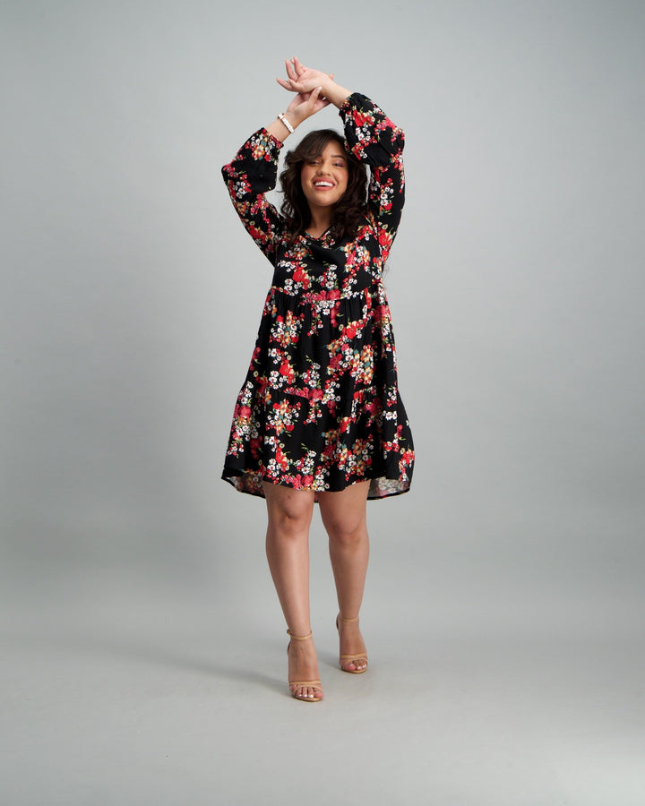 Ladies 2-Tier Floral Baby Doll Dress - Black