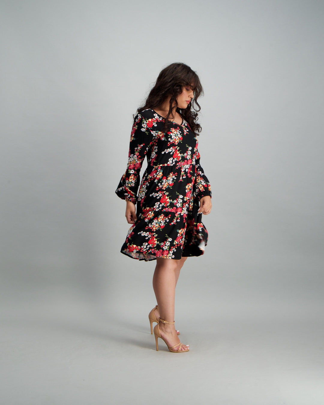 Ladies 2-Tier Floral Baby Doll Dress - Black