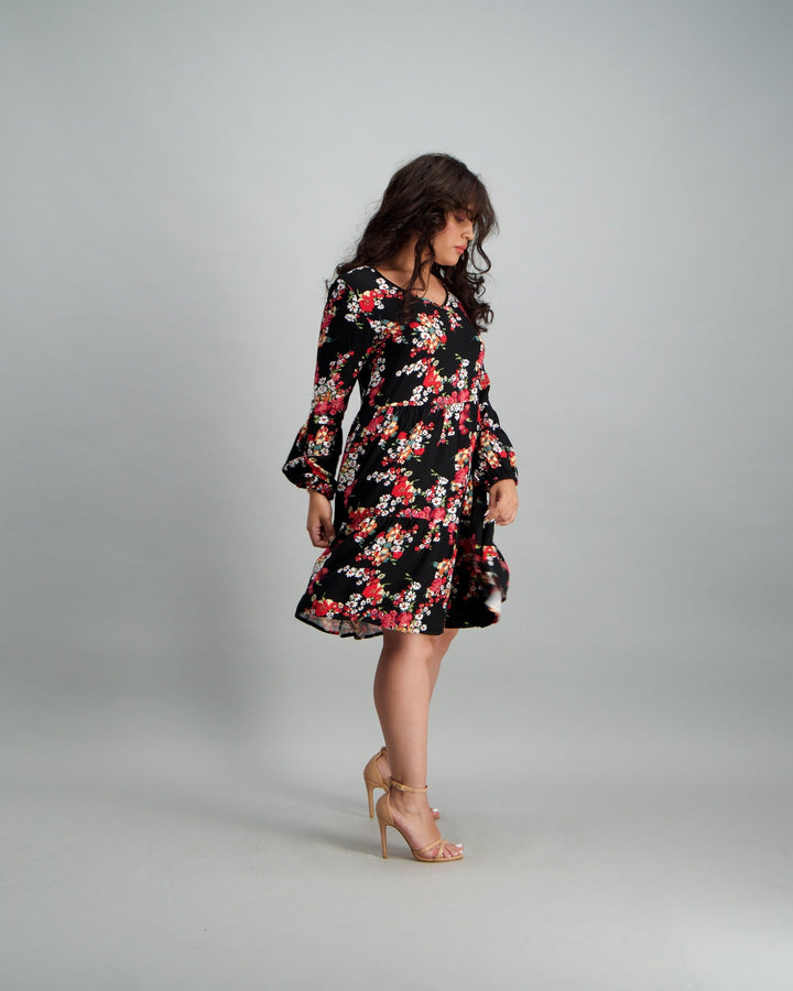 Ladies 2-Tier Floral Baby Doll Dress - Black