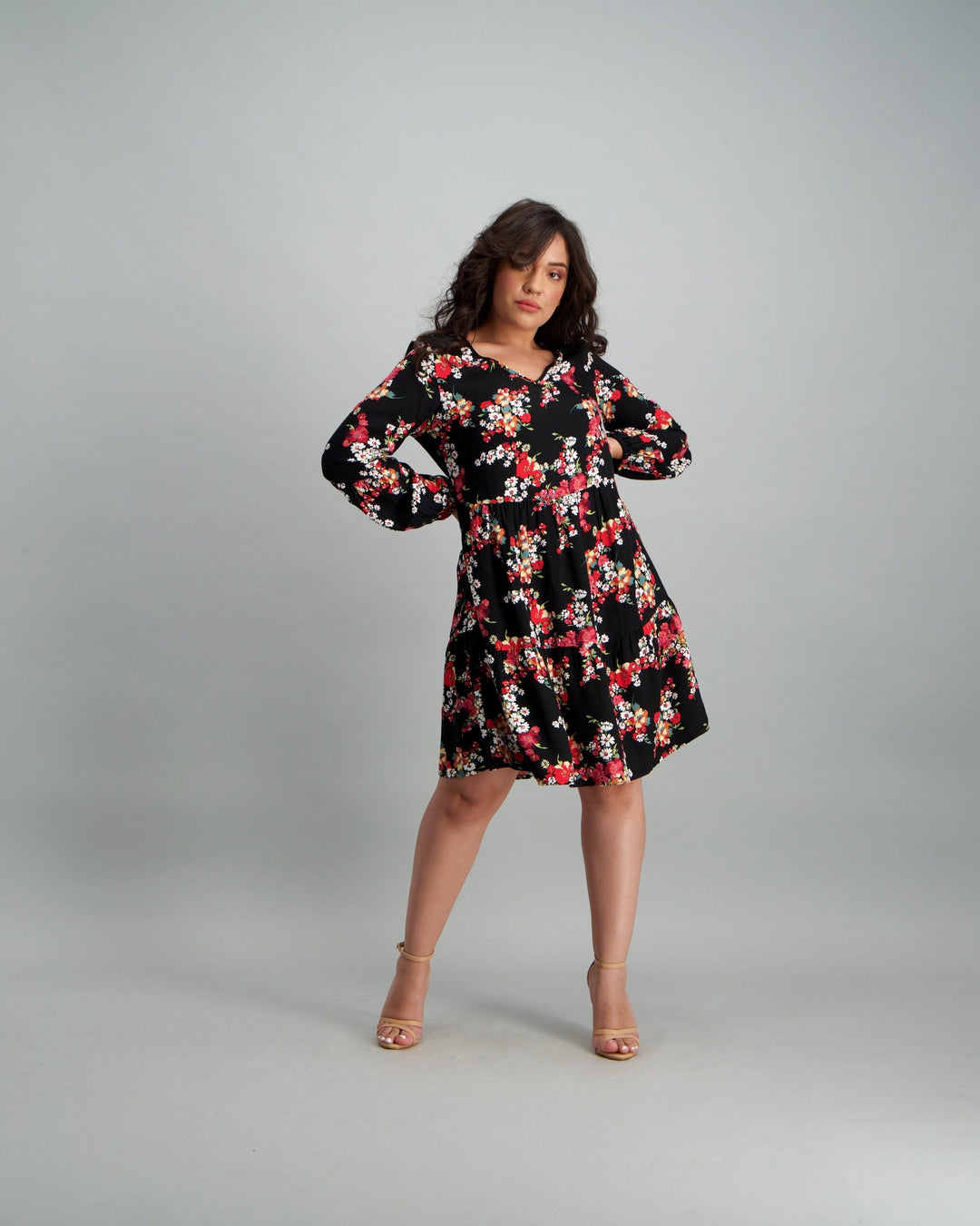 Ladies 2-Tier Floral Baby Doll Dress - Black