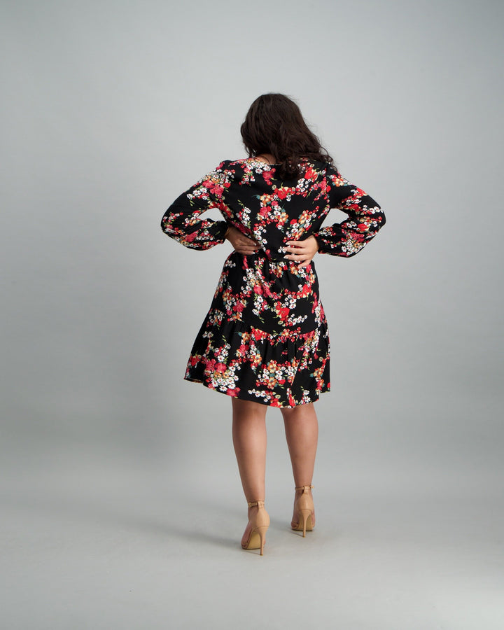 Ladies 2-Tier Floral Baby Doll Dress - Black