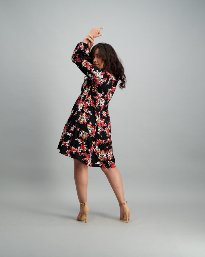 Ladies 2-Tier Floral Baby Doll Dress - Black