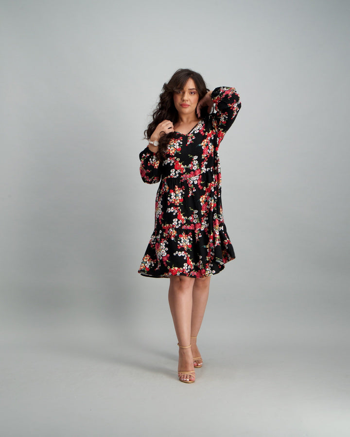 Ladies 2-Tier Floral Baby Doll Dress - Black