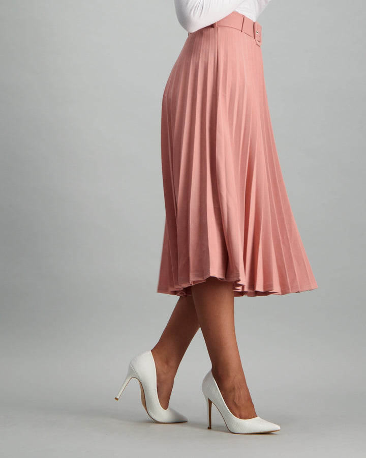 Ladies Belted Pleated Skirt - Light Pink