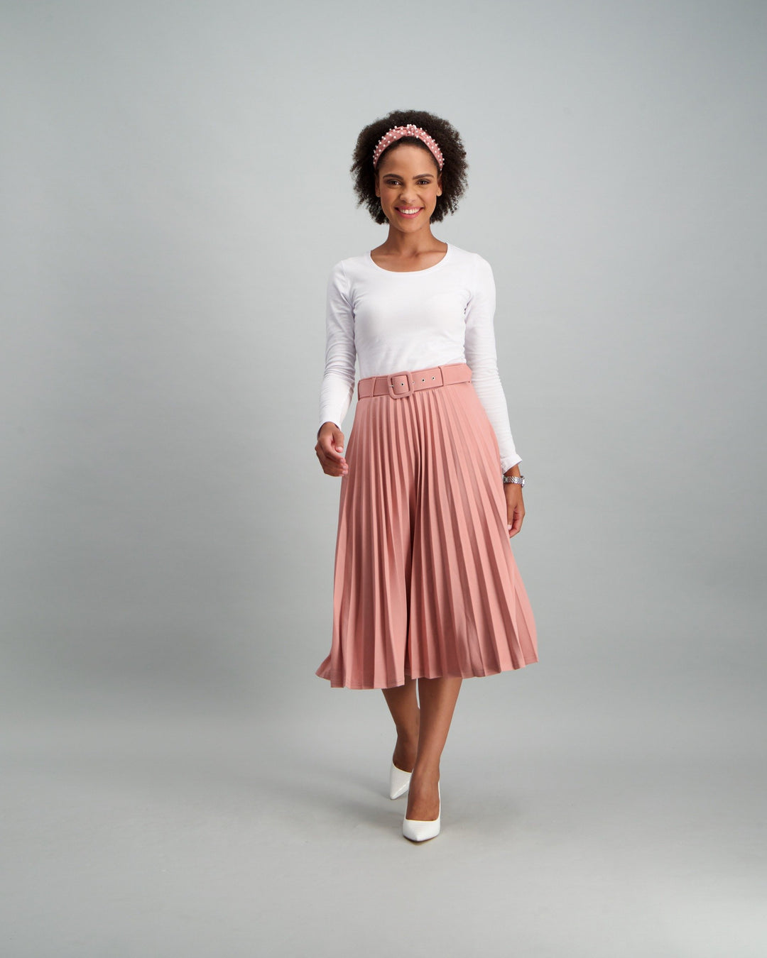 Ladies Belted Pleated Skirt - Light Pink