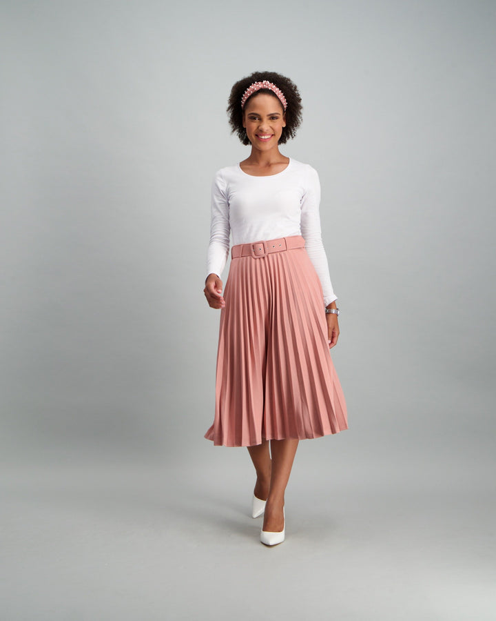 Ladies Belted Pleated Skirt - Light Pink