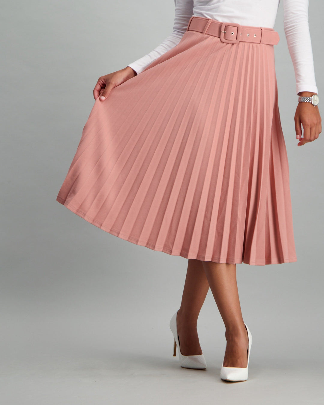 Ladies Belted Pleated Skirt - Light Pink