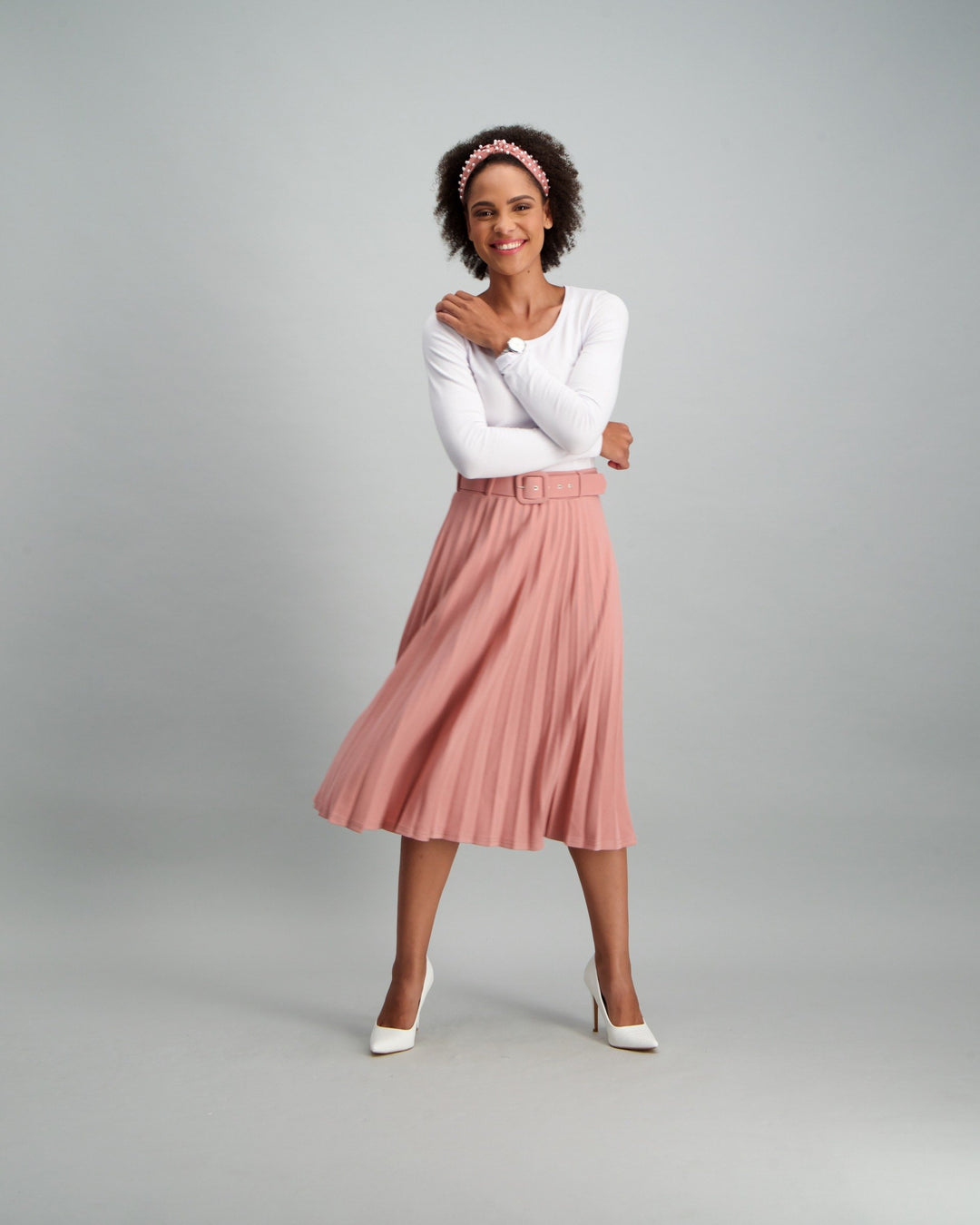 Ladies Belted Pleated Skirt - Light Pink
