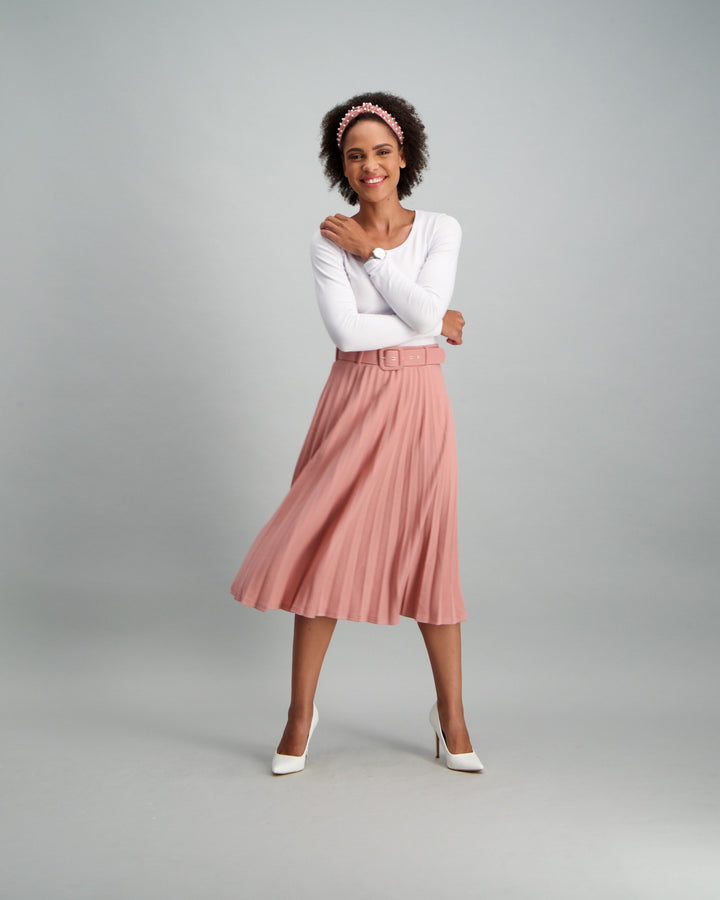 Ladies Belted Pleated Skirt - Light Pink