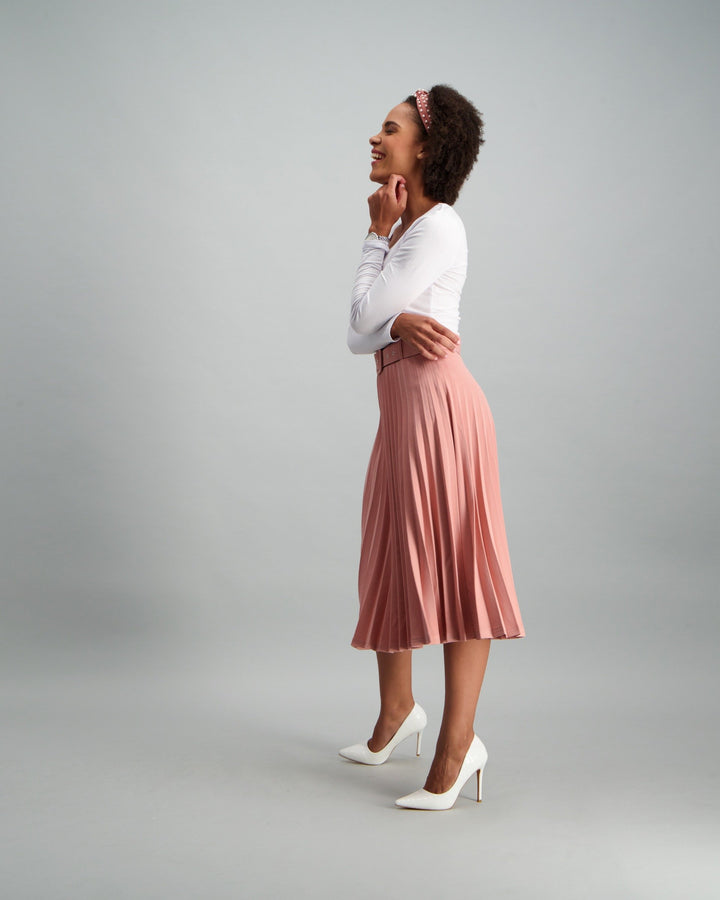 Ladies Belted Pleated Skirt - Light Pink