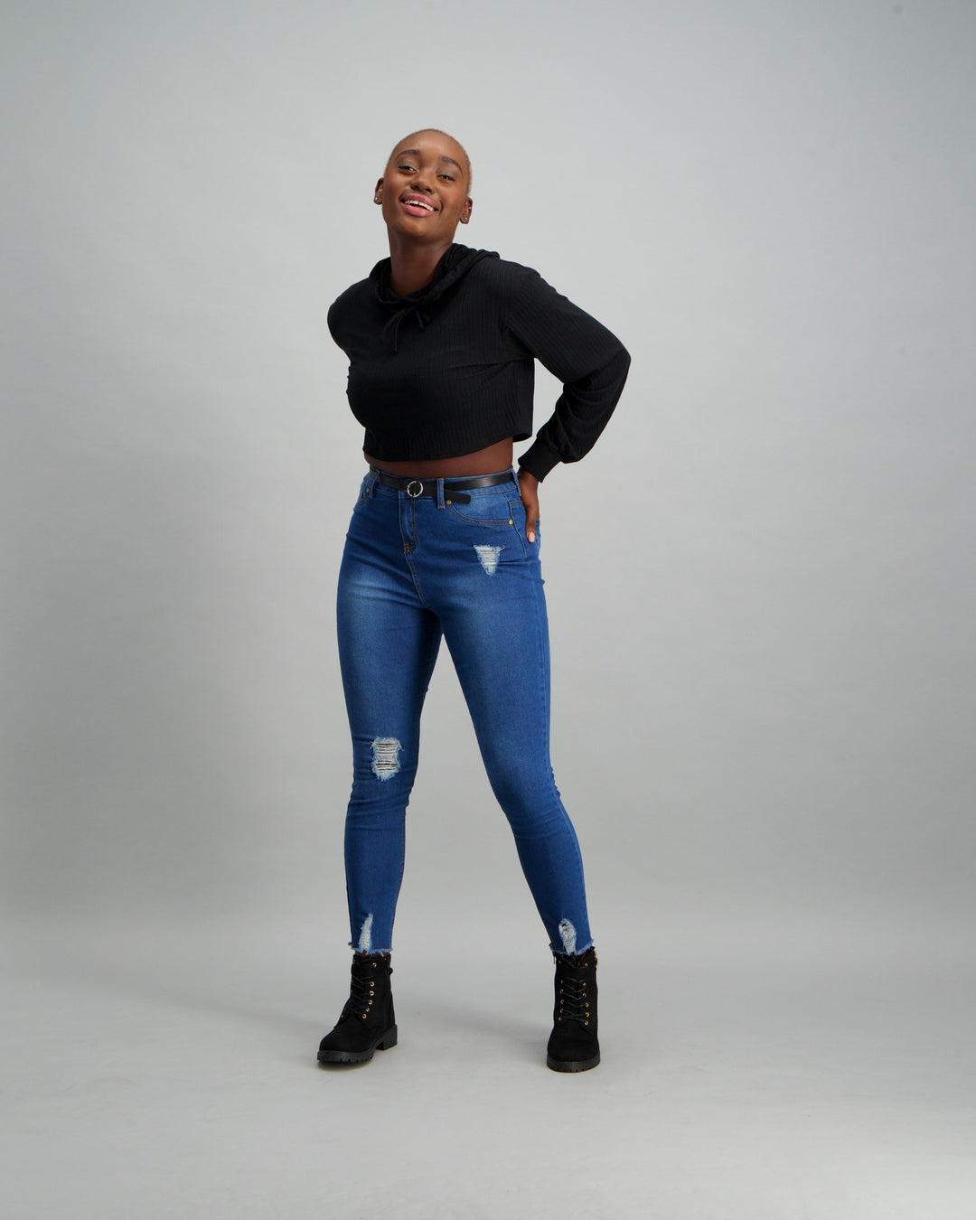 Ladies Boxy Crop Rib Hoodie - Black