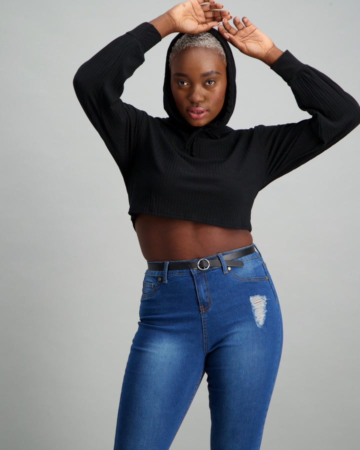 Ladies Boxy Crop Rib Hoodie - Black