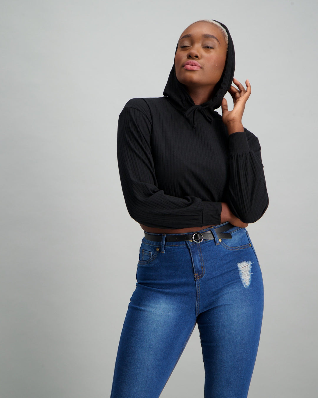 Ladies Boxy Crop Rib Hoodie - Black