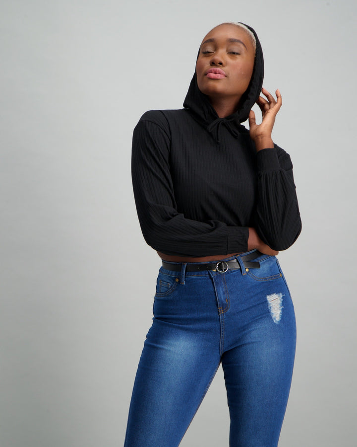 Ladies Boxy Crop Rib Hoodie - Black