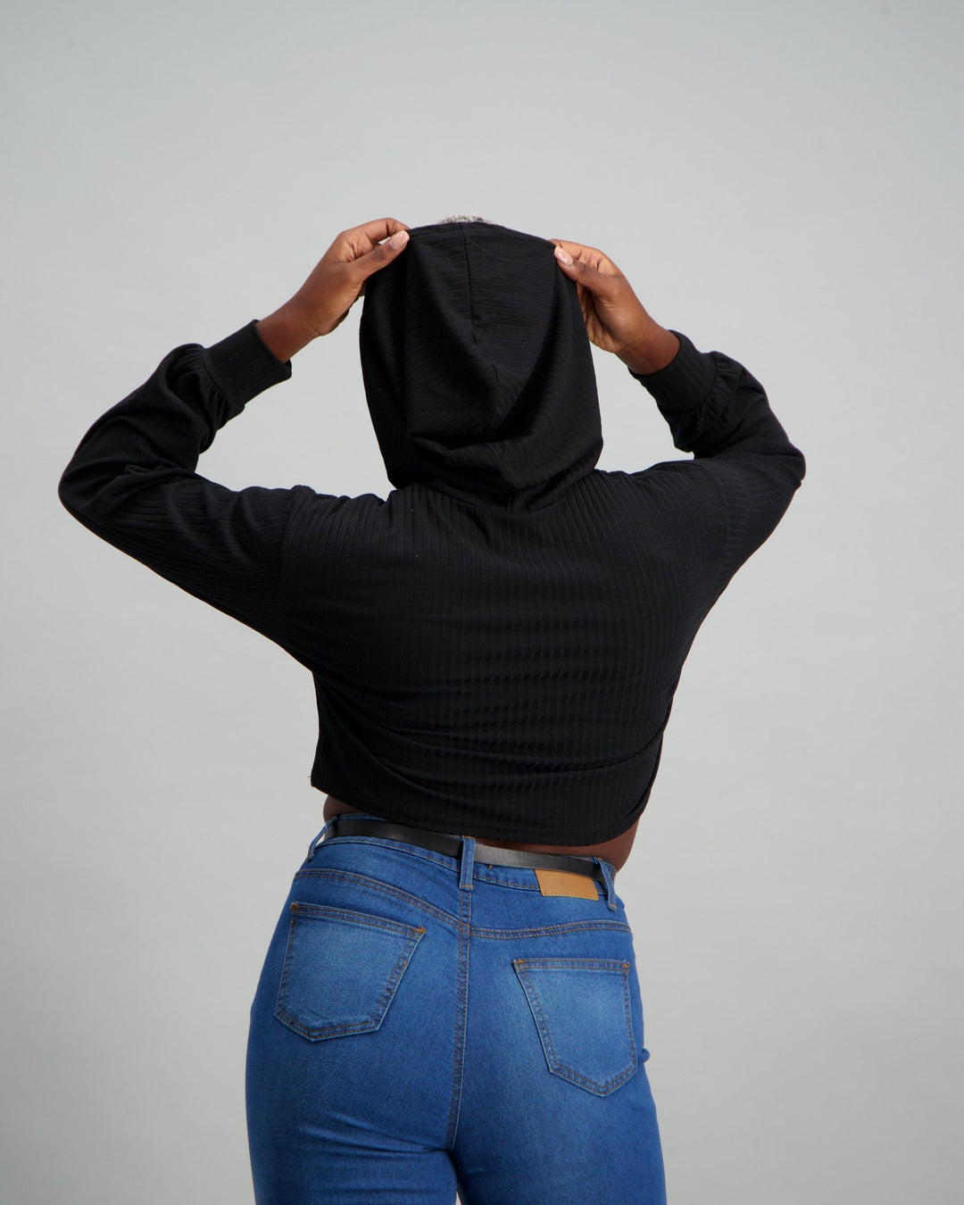 Ladies Boxy Crop Rib Hoodie - Black