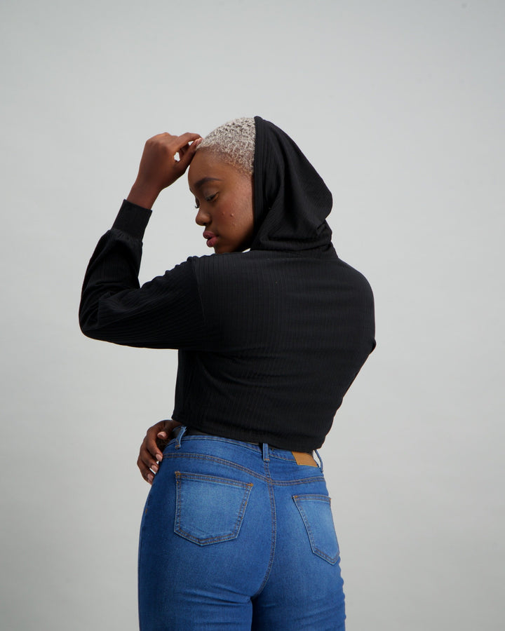 Ladies Boxy Crop Rib Hoodie - Black