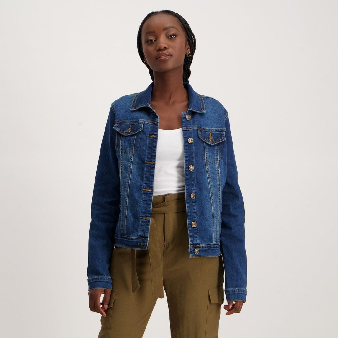 Ladies Mid Wash Dark Blue Denim Jacket - Main Image