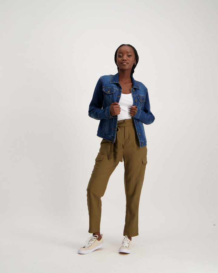 Ladies Mid Wash Dark Blue Denim Jacket