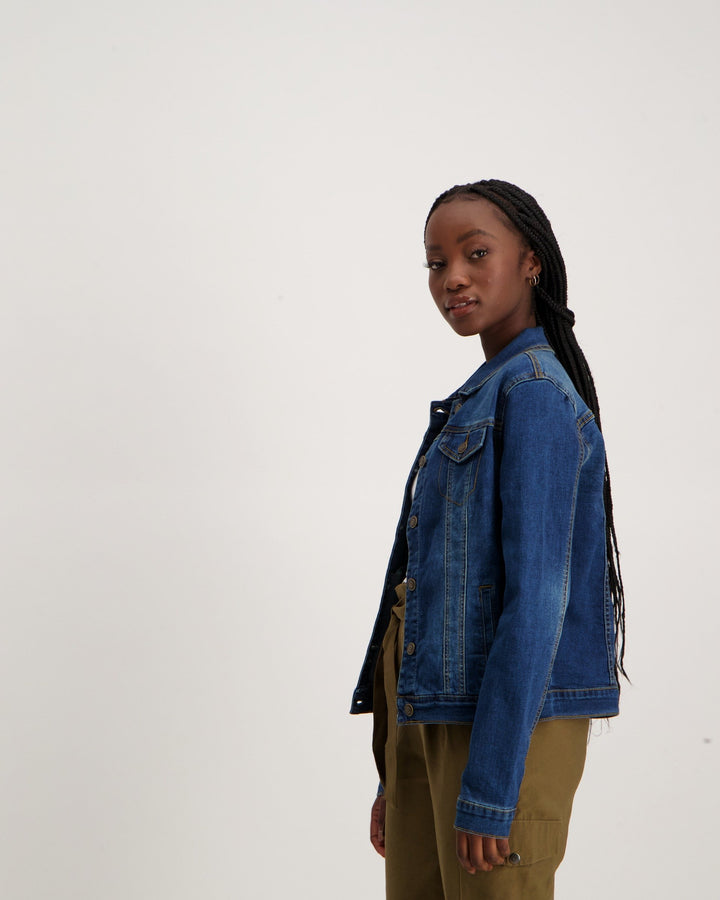 Ladies Mid Wash Dark Blue Denim Jacket