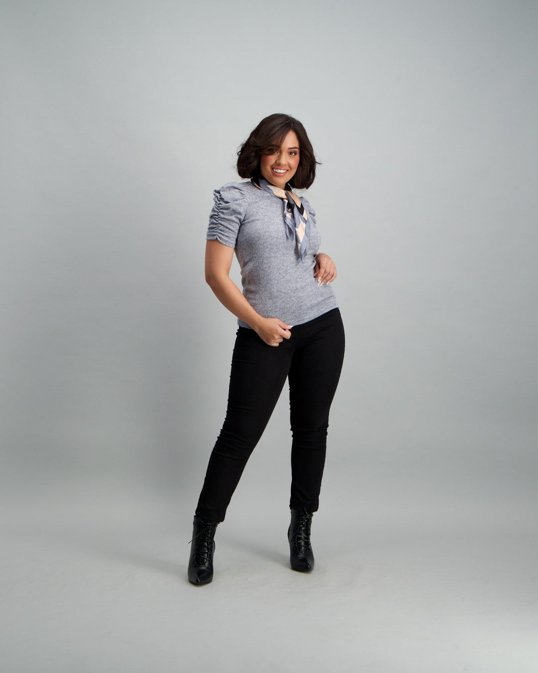 Ladies Puff Sleeve Cut n Sew Top - Charcoal